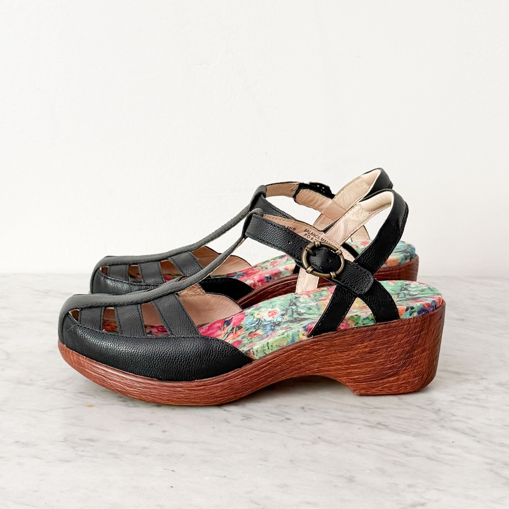 Alegria T-Strap Wedge Sandals Leather Cage Toe Floral Black 39 US 8.5 Comfort